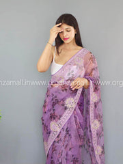 Light Embroidery Worked Lavender Pure Organza Saree