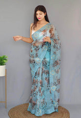 Light Embroidery Worked Blue Pure Organza Saree