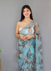 Light Embroidery Worked Blue Pure Organza Saree