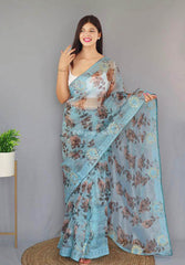 Light Embroidery Worked Blue Pure Organza Saree